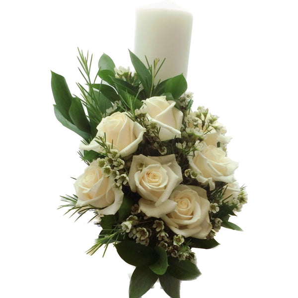 Short baptism candle, cream roses and wax flowers