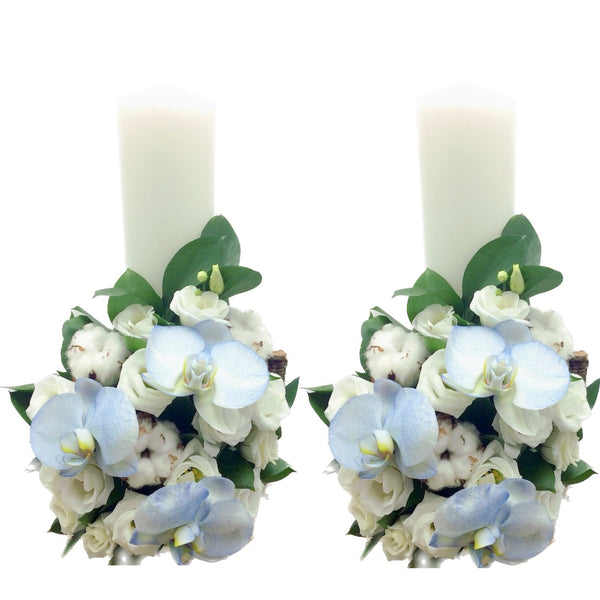 Short blue orchid wedding candles