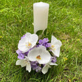 Short baptism candle yellow freesia and limonium