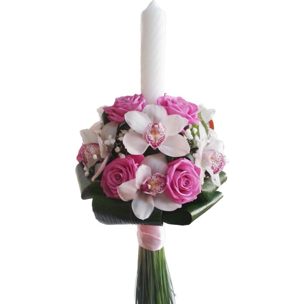 Christening candle cymbidium orchids and pink roses