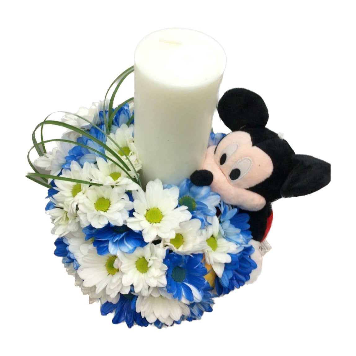 Baptism candle blue daisies and Mickey Mouse