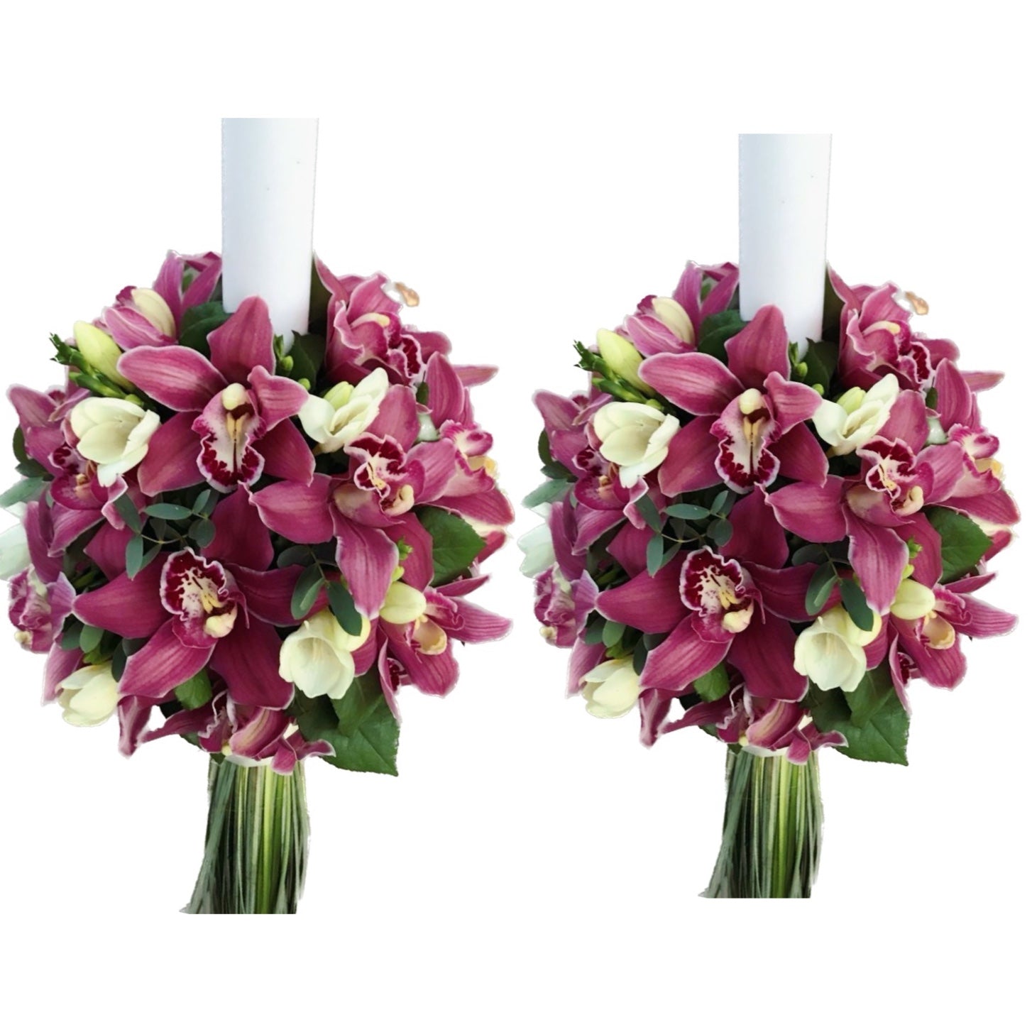 Lumanari nunta orhidee grena si frezii albe