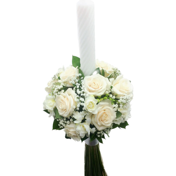 Baptism candle cream roses and freesias