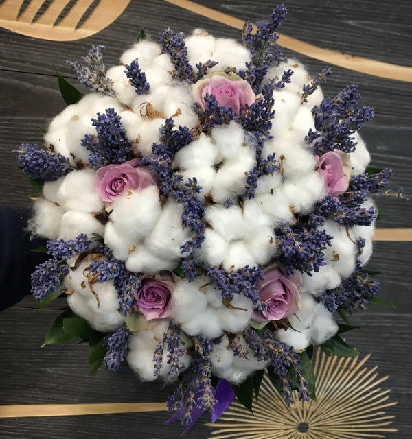 Cotton and lavender wedding bouquet