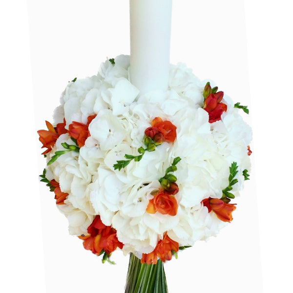 Baptism candle with white hydrangea and freesia