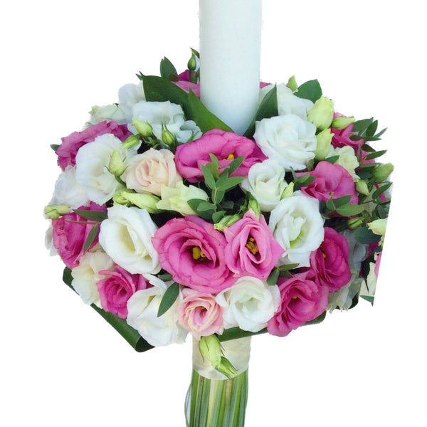 White and pink lisianthus christening candle for little girls