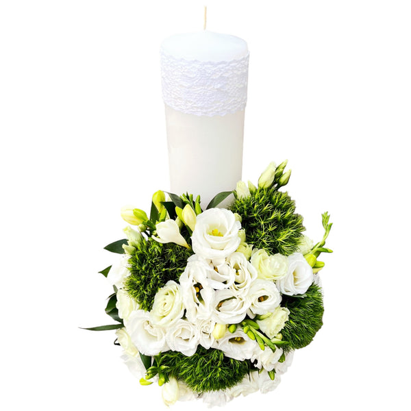 Lisianthus and dianthus short baptism candle