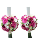 Lumanari de cununie cu lisianthus roz si trandafiri lila