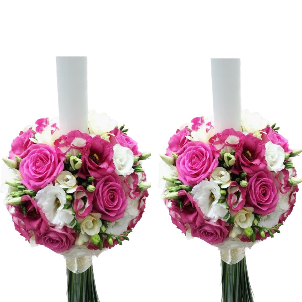 Lumanari de cununie cu lisianthus roz si trandafiri lila