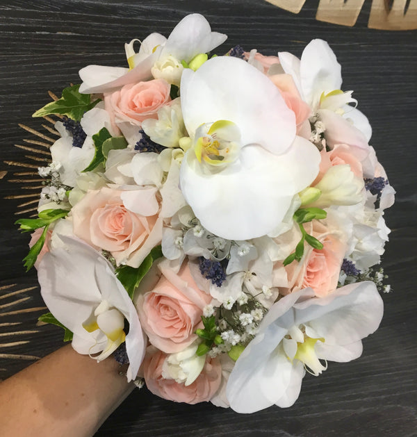 Pink hydrangea and freesia bridal bouquet