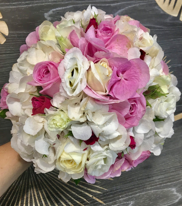 Bridal bouquet of white and pink hydrangea
