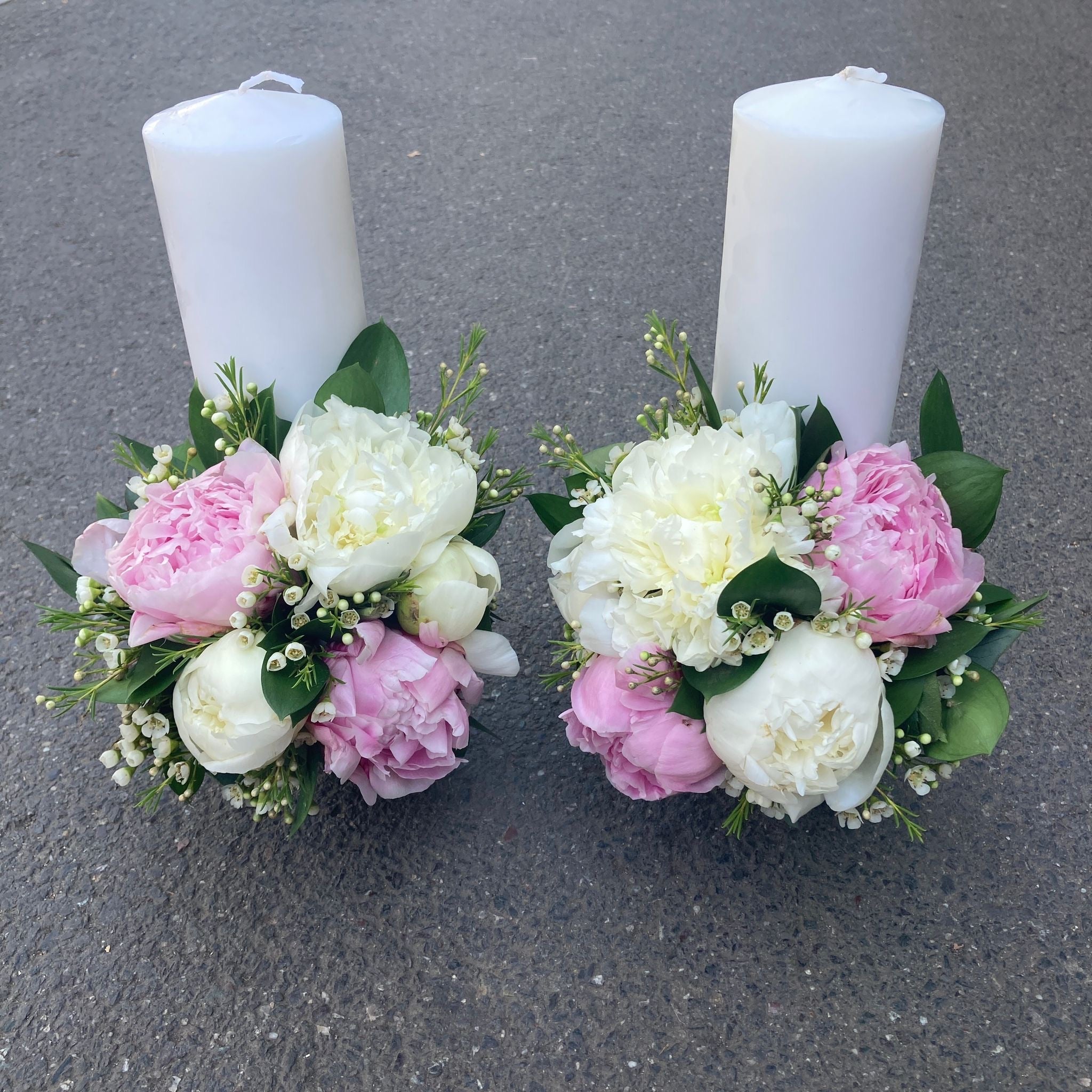 Lumanari cununie bujori albi si roz