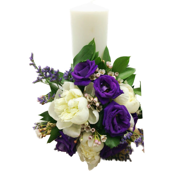 Short baptism candle peonies and purple lisianthus