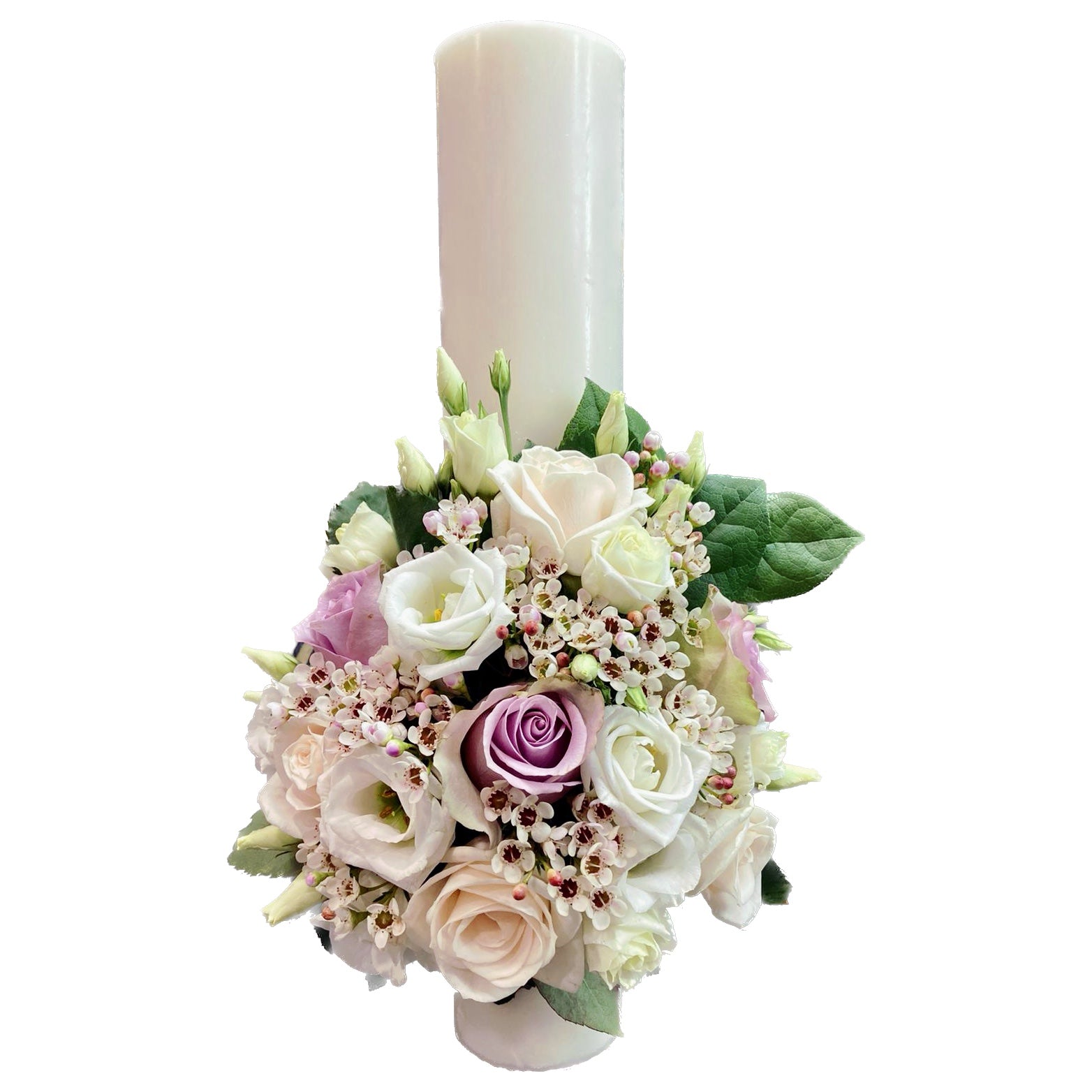 Lilac roses short baptism candle