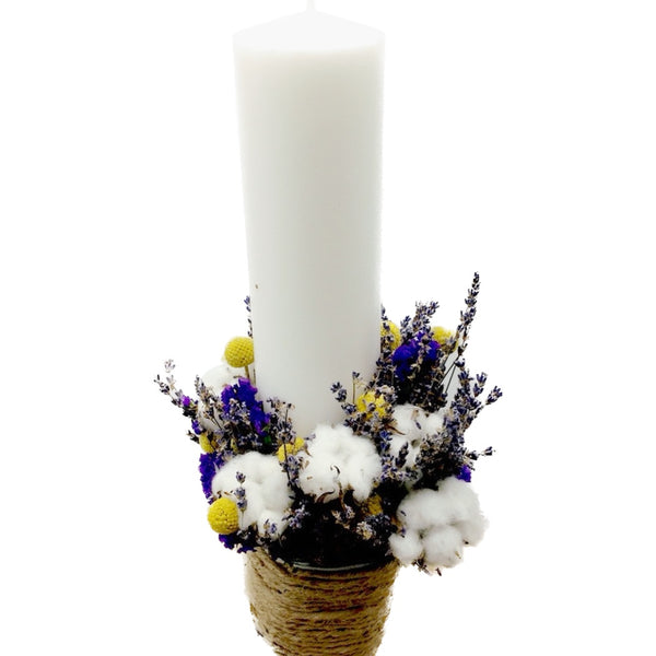 Rustic cotton and craspedia baptism candle