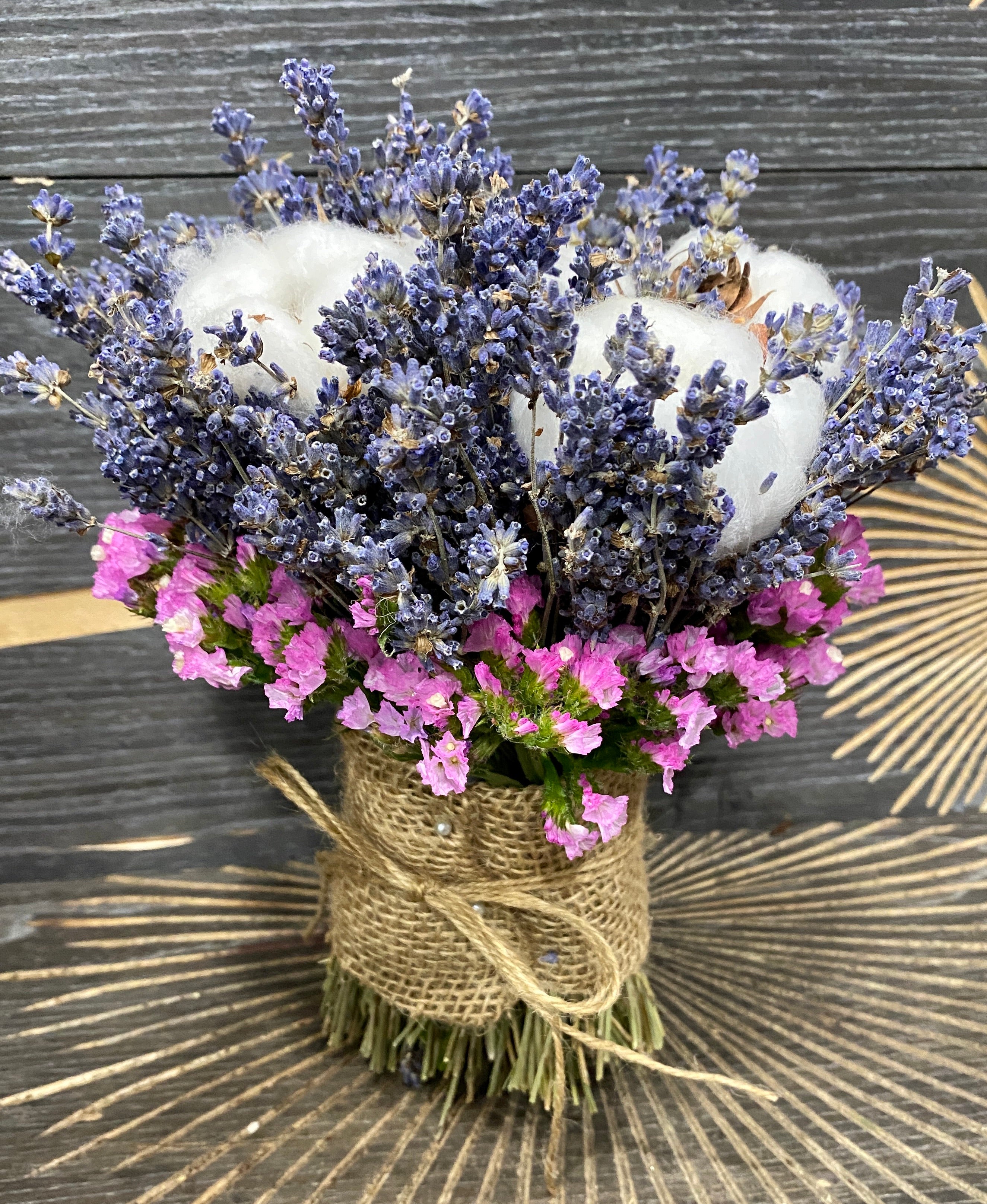 Buchet cununie rustic bumbac si limonium roz