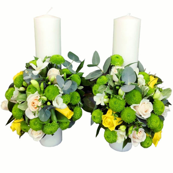 Short yellow and cream roses wedding candles