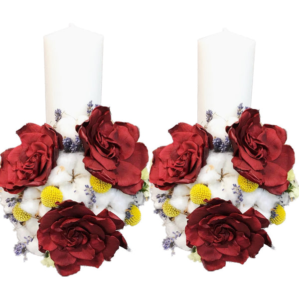 Spectacular short wedding candles with red gardenia and cotton