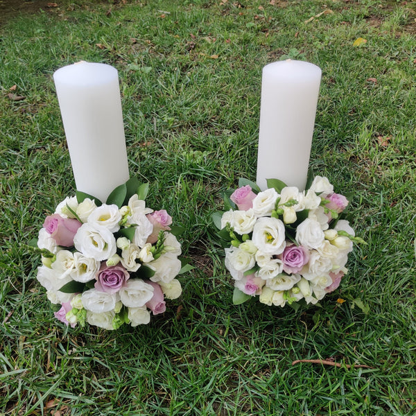 Short wedding candles lilac roses