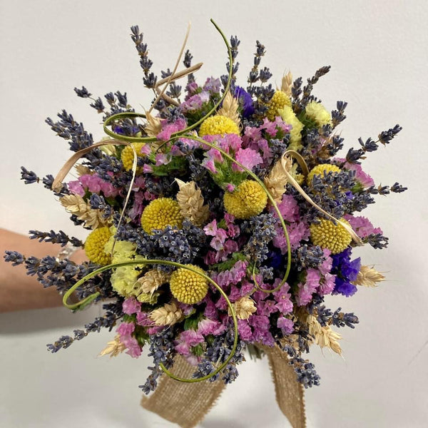 Rustic wedding bouquet of lavender and ears of wheat