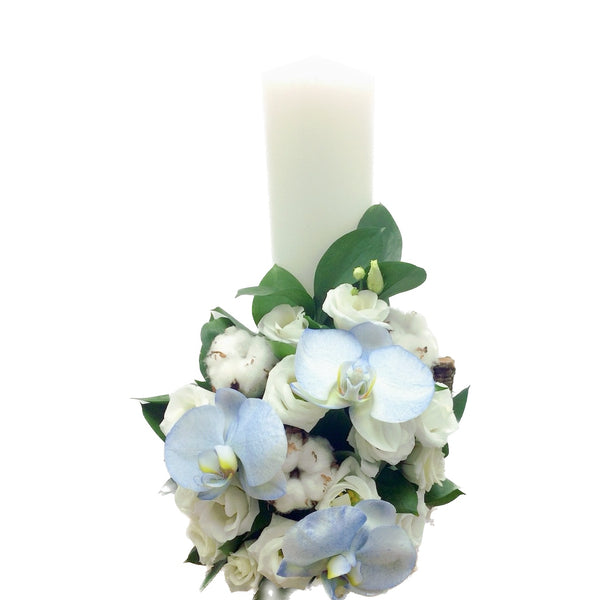 Short christening candle for boys phalaenopsis and lisianthus orchids