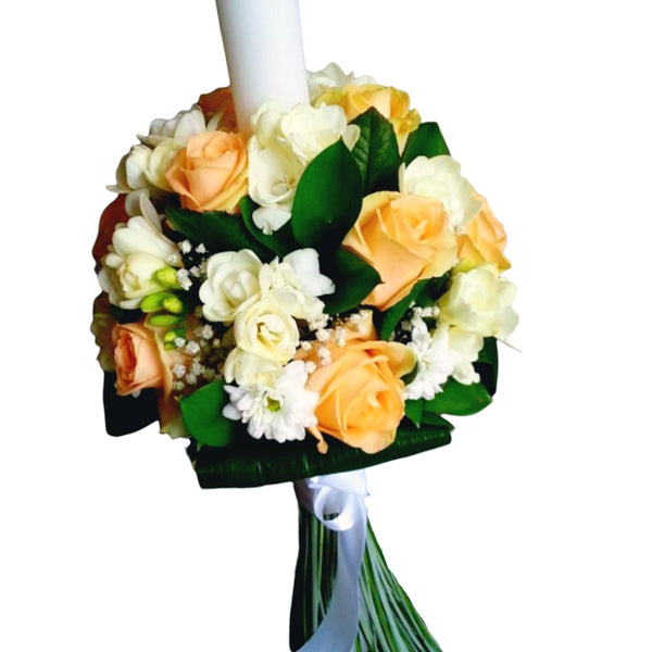 Baptism candle with peach roses and white freesias