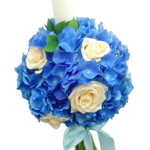 Blue hydrangea baptism candle for the boy