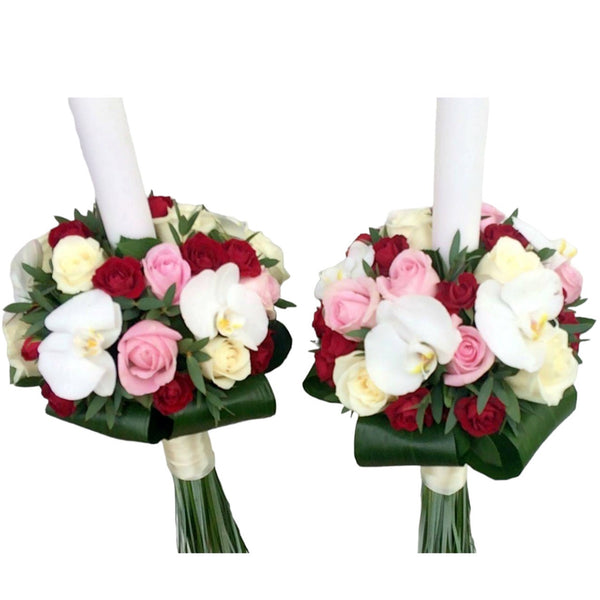 Wedding candles mini roses and phalaenopsis orchids