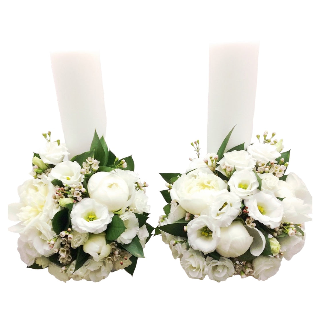 Lumanari cununie bujori albi si lisianthus