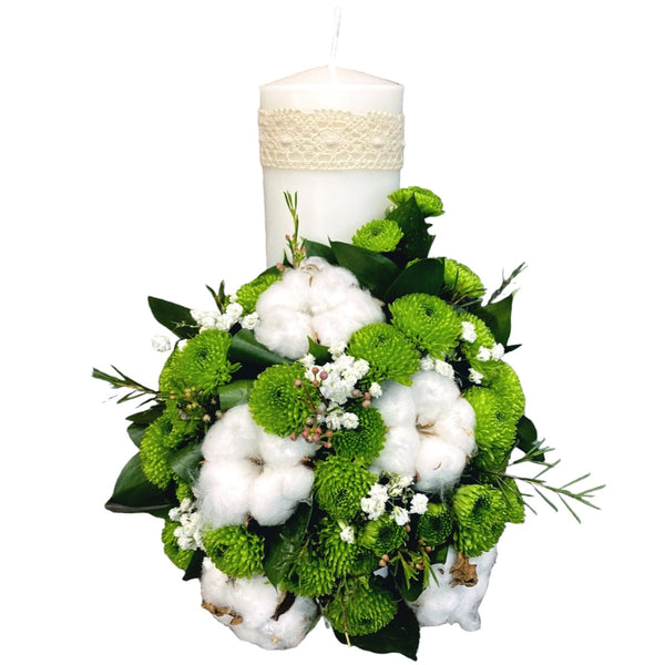 Boy baptism candle with cotton flowers and santini