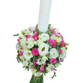 White lisianthus and minirose christening candle