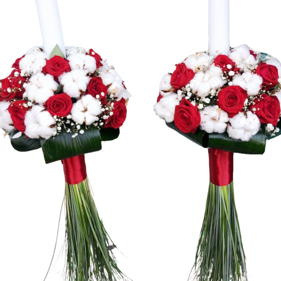 Lumanari nunta din trandafiri rosii si bumbac