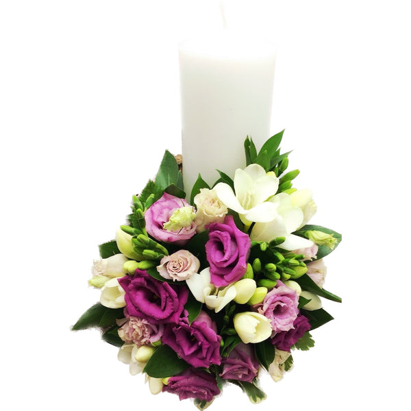 Short baby girl baptism candle, pink lisianthus and white freesias