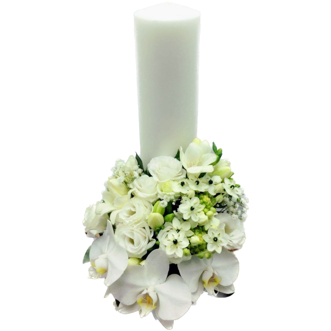 Lumanare botez scurta - mix de flori albe