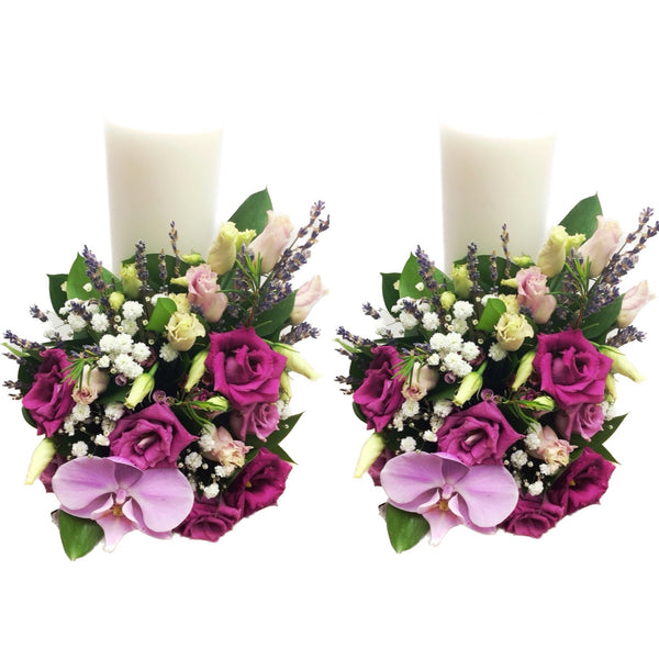 Short lavender and lisianthus wedding candles