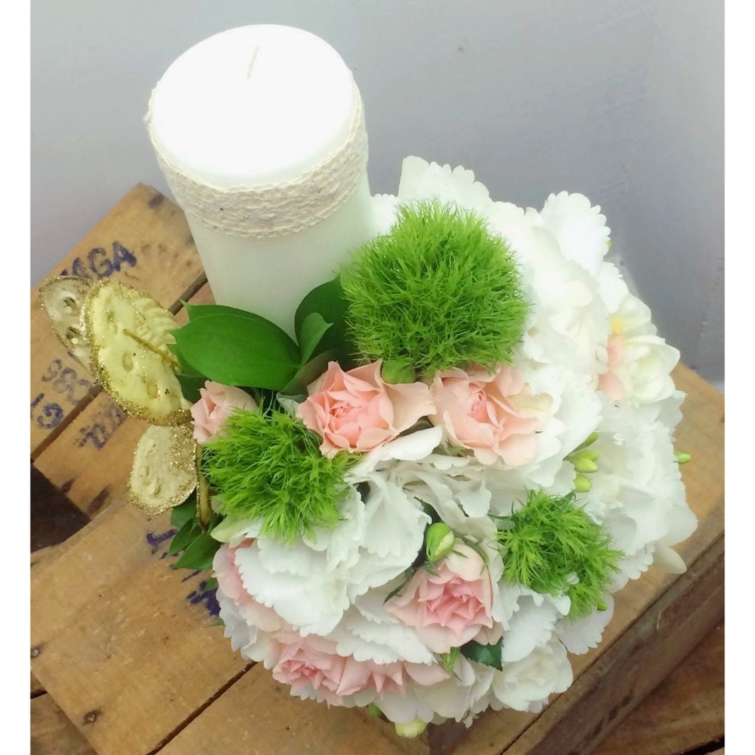 Lumanare botez scurta hortensie si minirose