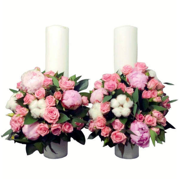 Short peonies and cotton wedding candles
