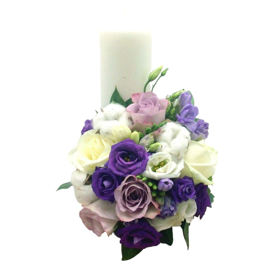 Lumanare botez scurta trandafiri si bumbac