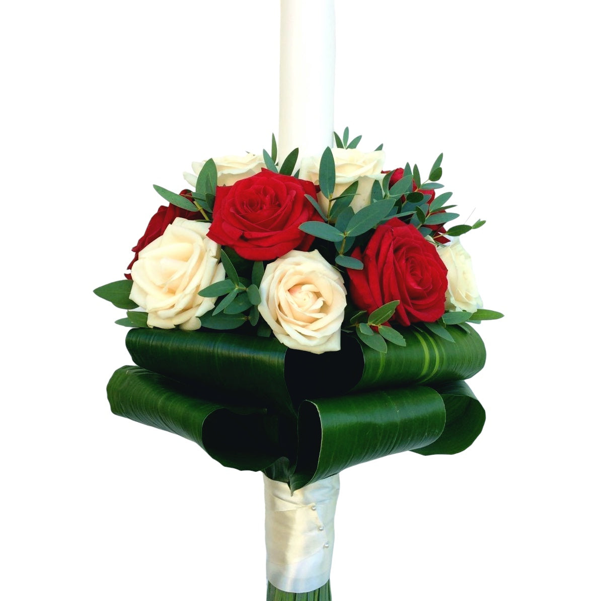 Cream and red roses christening candle