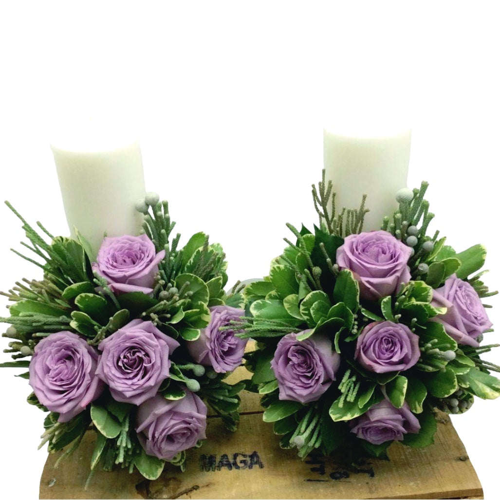 Lumanari nunta scurte trandafiri mov si brunia