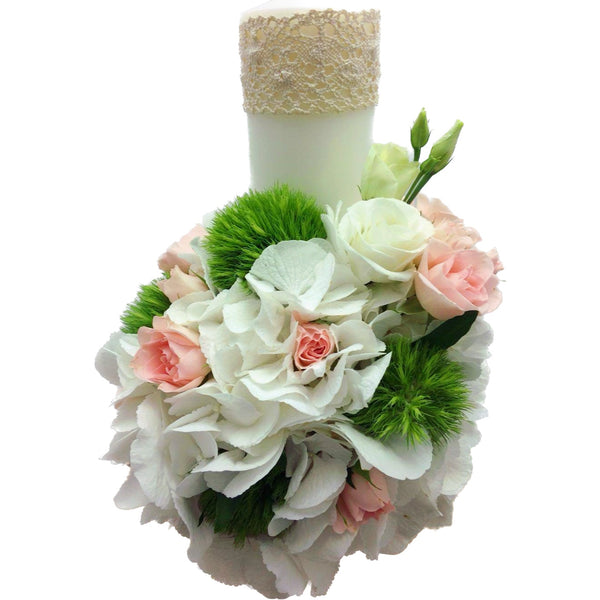 Short baptism candle with lisianthus, mini roses and hydrangea