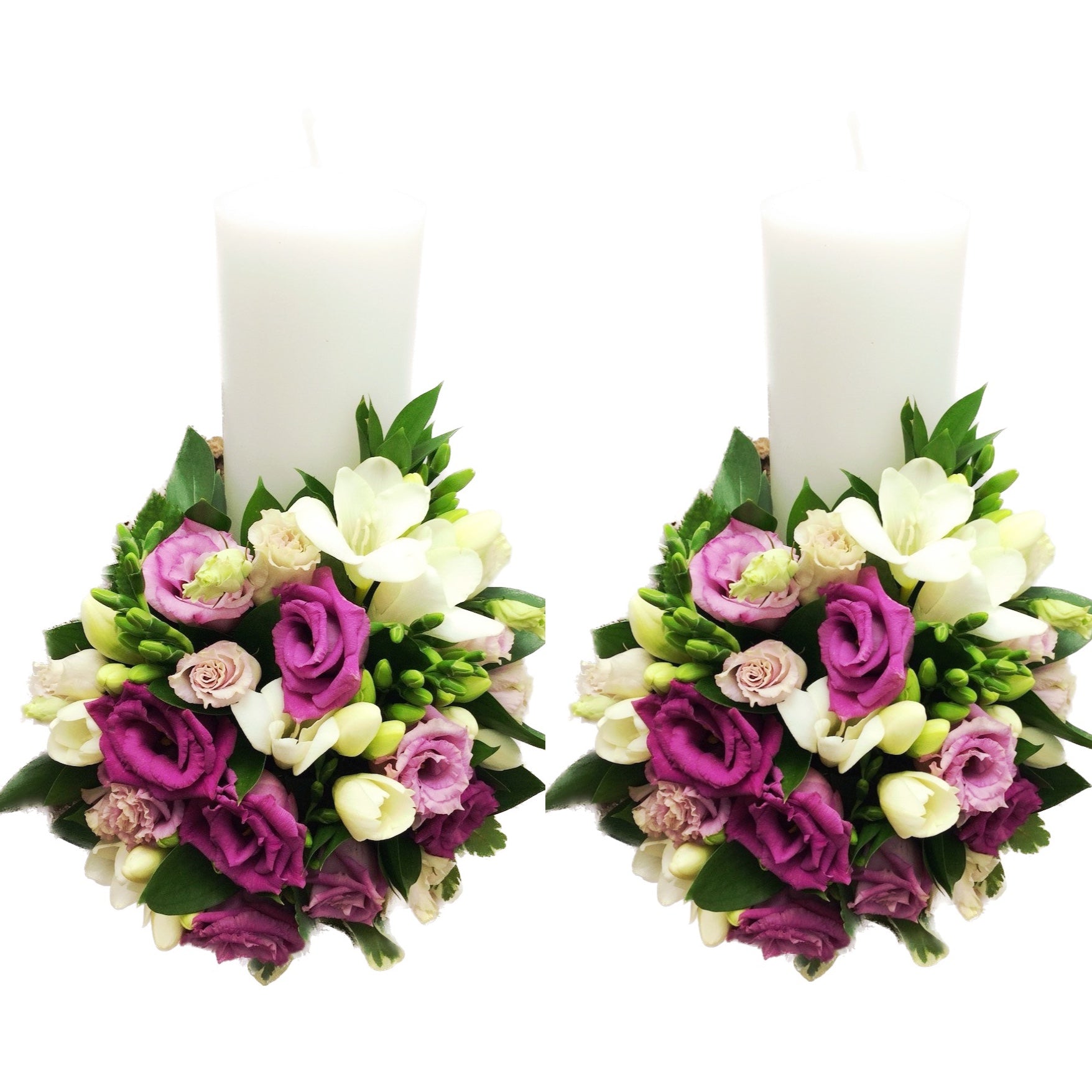 Lumanari cununie scurte lisianthus roz si frezii albe