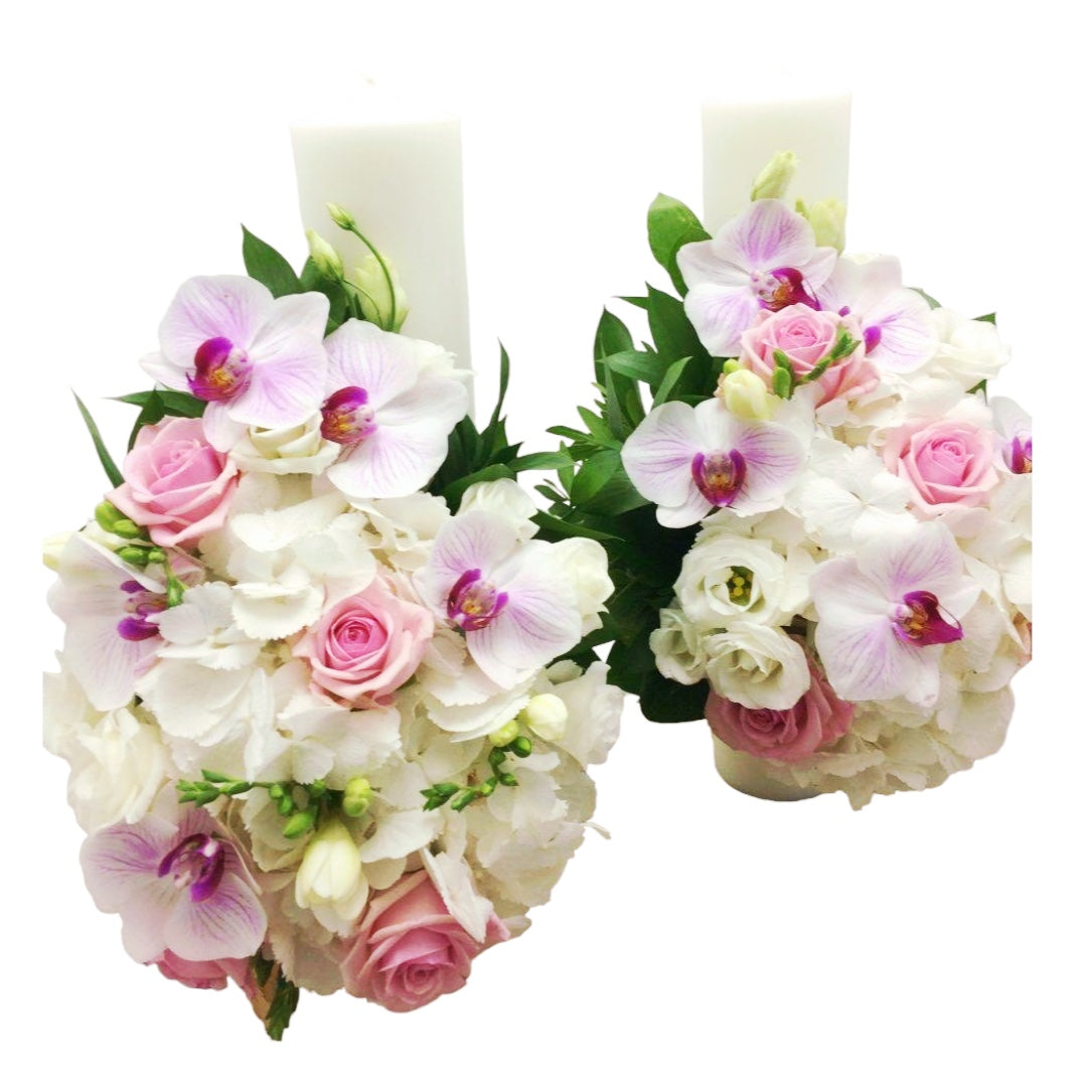 Lumanari nunta scurte hortensie si trandafiri