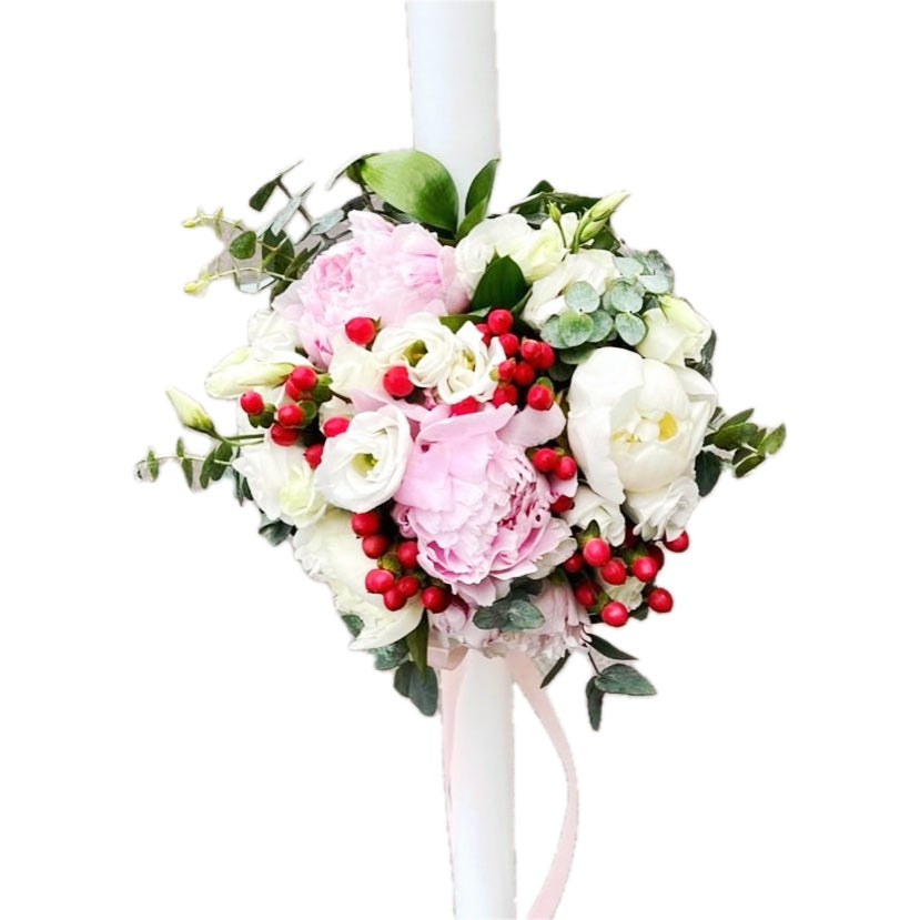 Pink lisianthus baptism candle