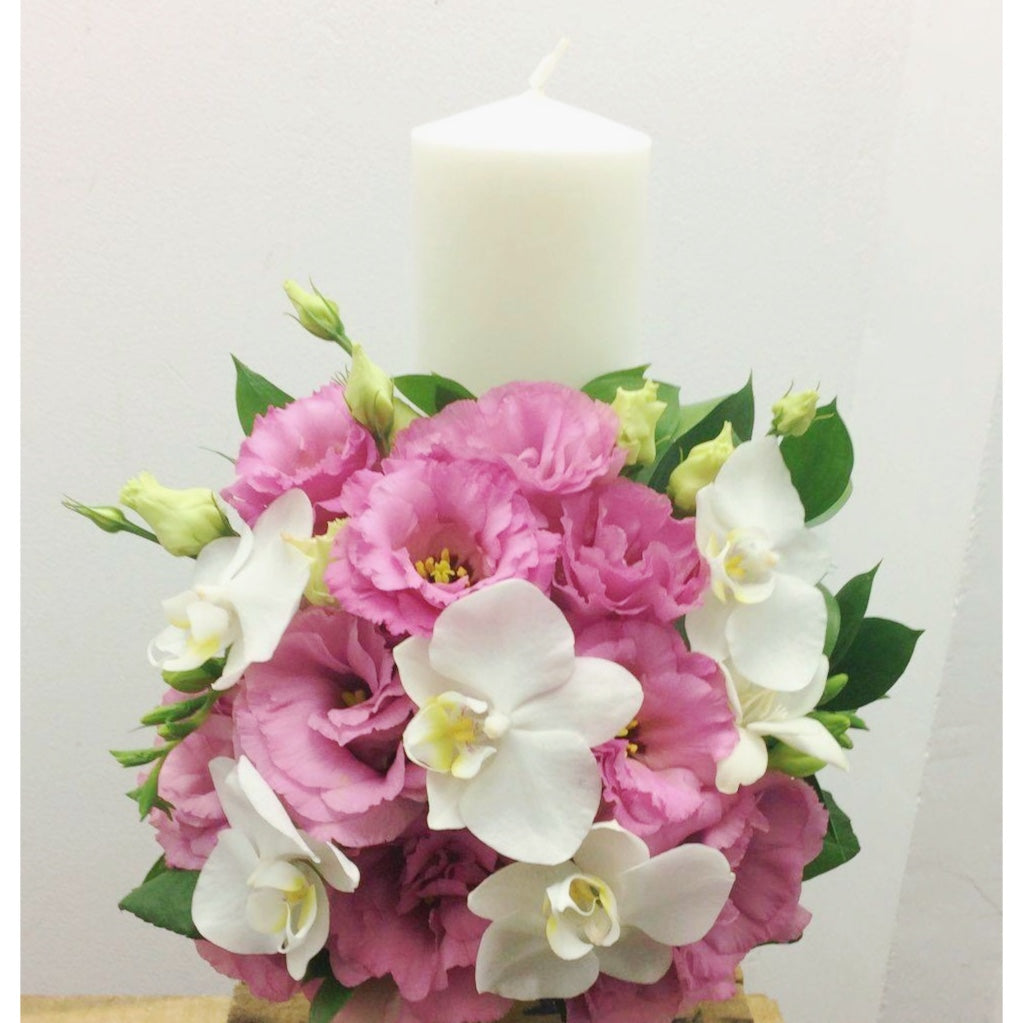 Lumanare botez scurta fete lisianthus roz si phalaenopsis