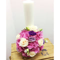 Baptism candle short pink hydrangea and cream roses
