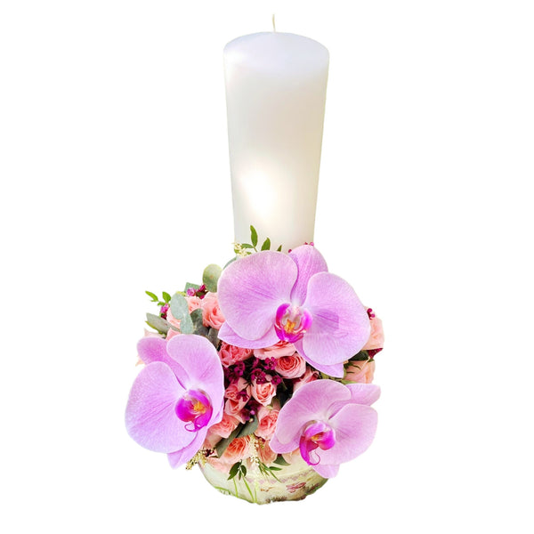 Short pink minirose baptism candle
