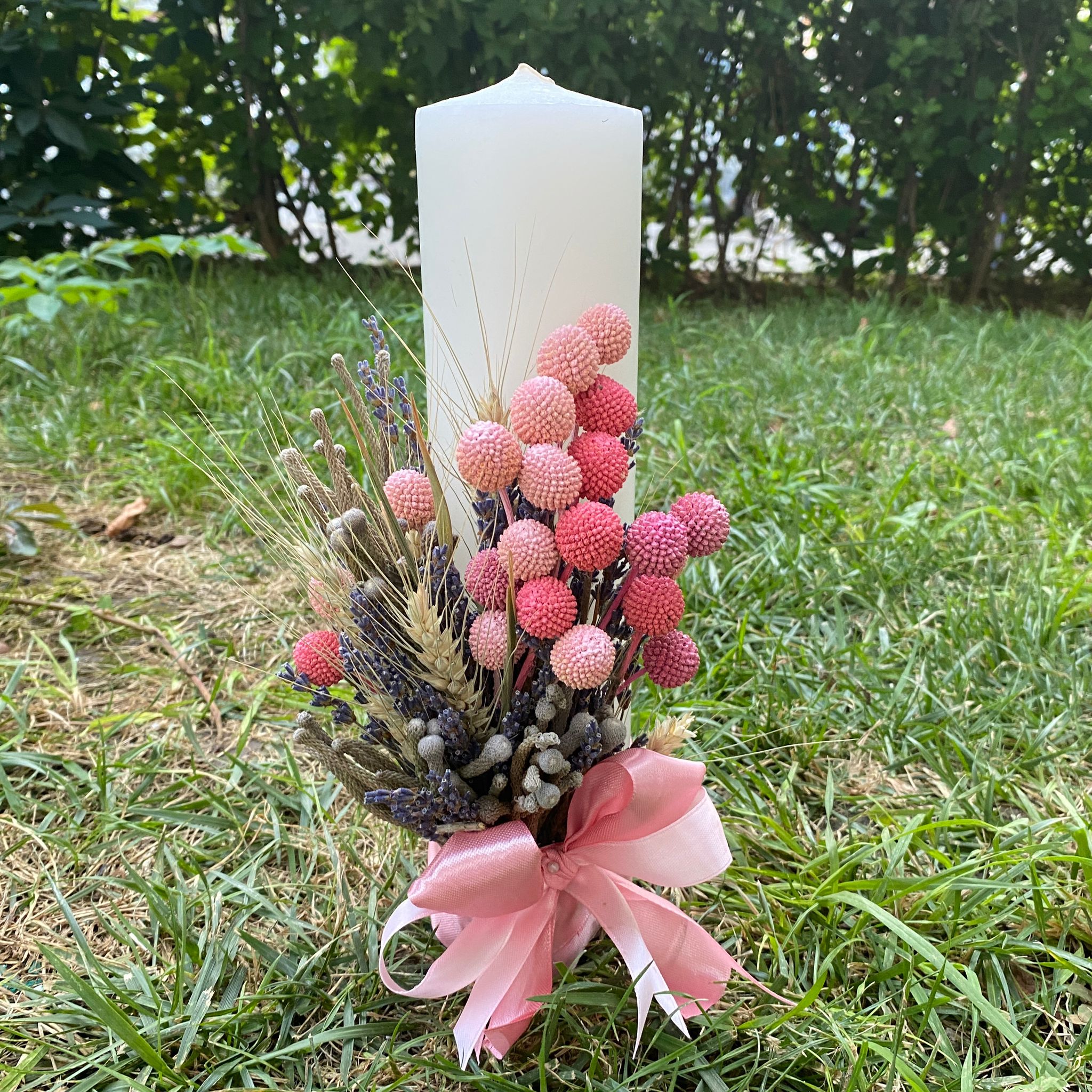 Rustic cotton and craspedia baptism candle