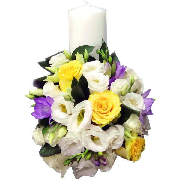 Short baptism candle, natural yellow and white flowers