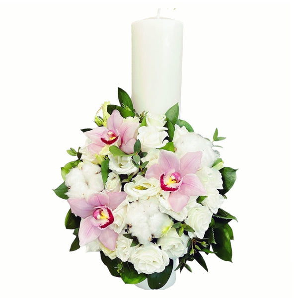 Short orchid and cotton baptism candle
